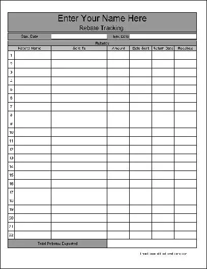 Free Personalized Wide Numbered Row Rebate Tracking Form